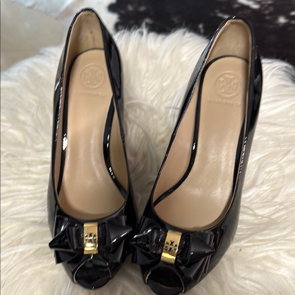 Tory Burch Black Patent Leather Peep-Toe Heels